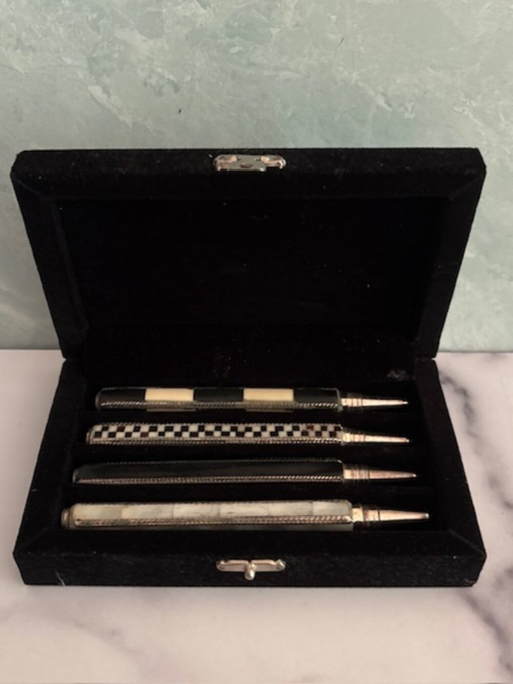 Vintage PEN SET of 4 Black White Mother-of-Pearl Square Shape Unusual Gift